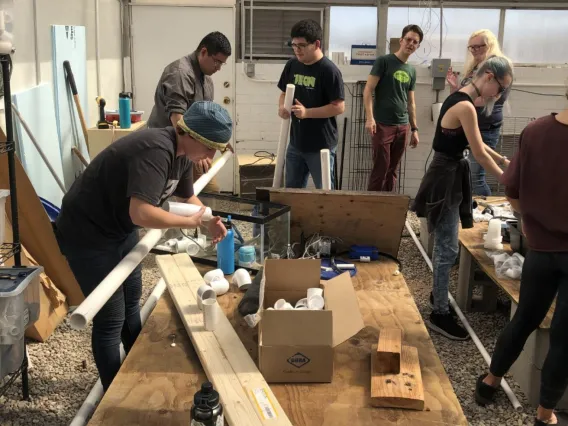 Student building aquaponic equipment in a greenhouse.