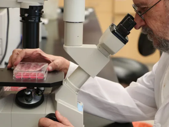 Photo of scientist looking through microscope